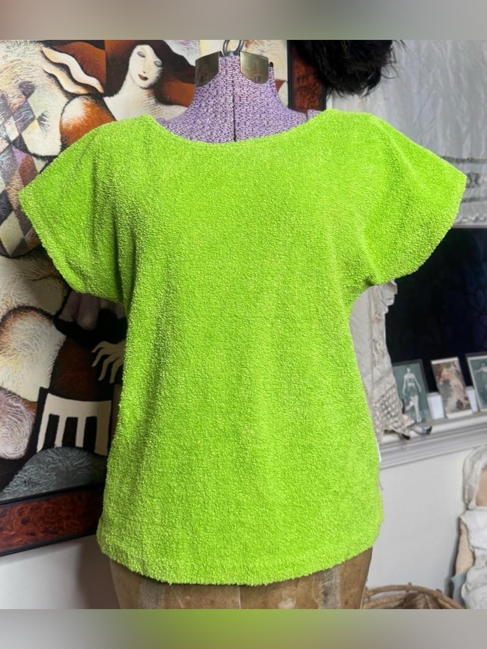 Vintage 1970s Pierre Cardin Bright Lime Green Short Sleeve Terry Sportswear Top